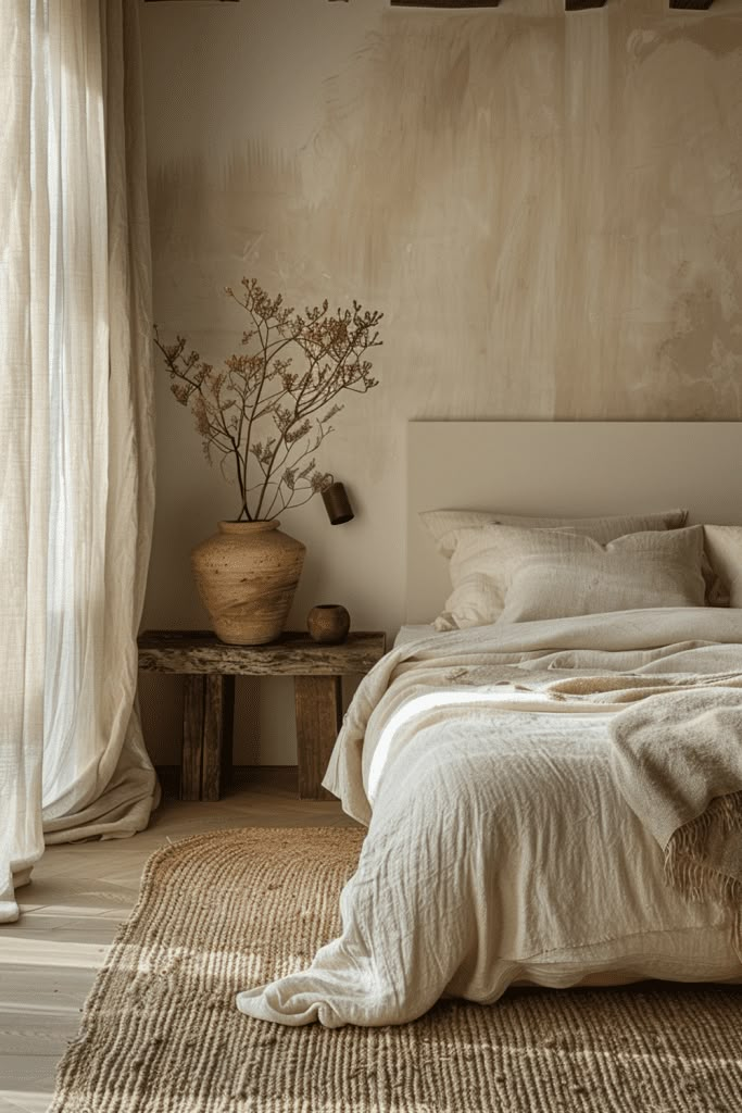 a bed sitting in a bedroom next to a window with curtains on the windowsill