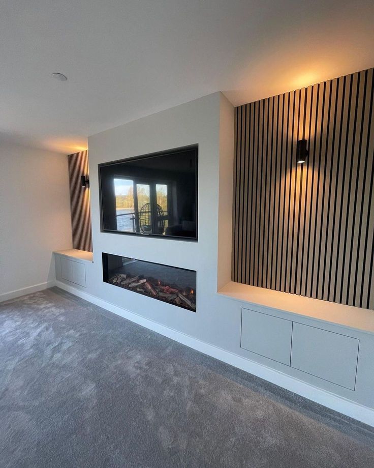 modern interior design with tv fireplace Media Wall Cladding, Acoustic Panel Media Wall, Acoustic Wall Panels Living Room, Acoustic Panels Living Room, Living Room Cladding, Modern Fireplace Tv Wall, Acoustic Panels Wall Design, Fireplace Tv Wall Ideas, Modern Fireplace Tv