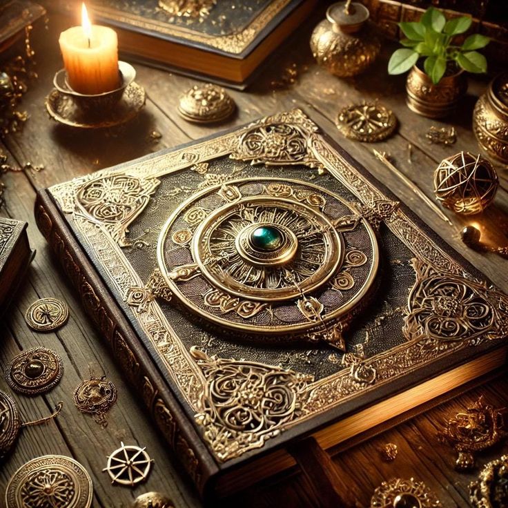 an ornate book with a candle and other items around it on a wooden table top