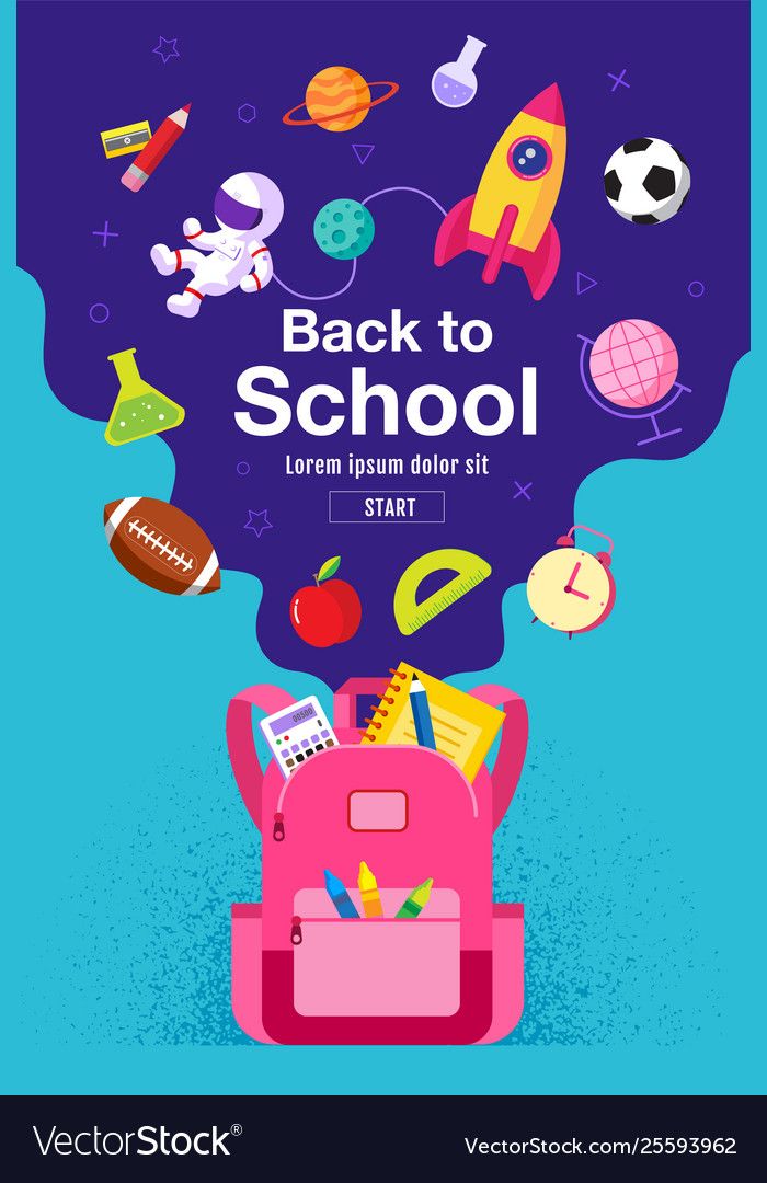 back to school poster with backpack and various items flying out from it, on a blue background