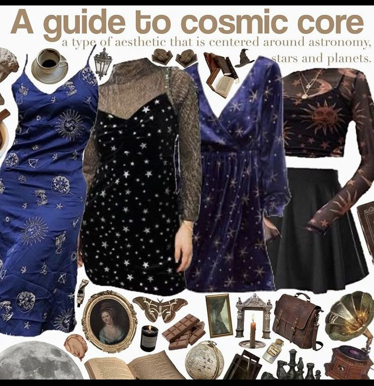 Cosmic Core Dress, Astrology Themed Outfits, Celestialcore Fashion, Night Court Inspired Outfits, Jacquelinecore Aesthetic, Cosmicore Outfits, Cosmic Witch Aesthetic Outfit, Planetarium Outfit Ideas, Moon Inspired Outfits Male