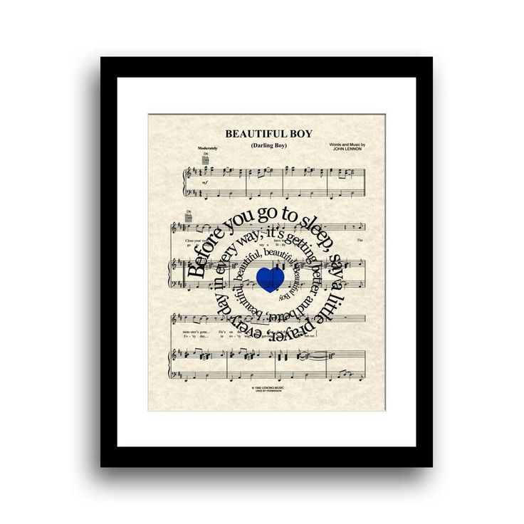 a framed print with the words beautiful boy written in blue and surrounded by music notes