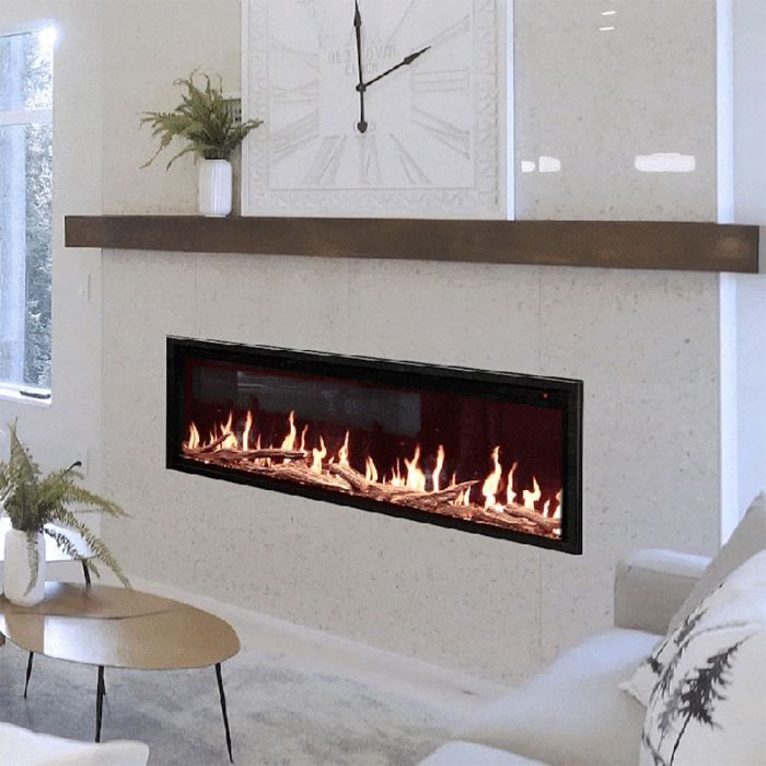 a living room with a clock on the wall and a fire place in the fireplace