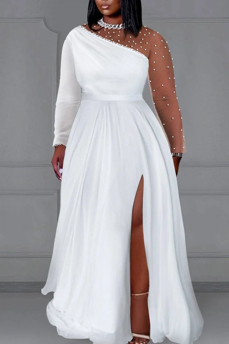 Xpluswear Design Plus Size Wedding White Round Neck Long Sleeve Split Pearls Maxi Dresses [Pre-Order] Tulle Mini Dress, Tulle Maxi Dress, Plus Size Party Dresses, Plus Size Prom, Plus Size Formal, Plus Size Formal Dresses, White Dress Party, Classy Dress Outfits, Wedding White