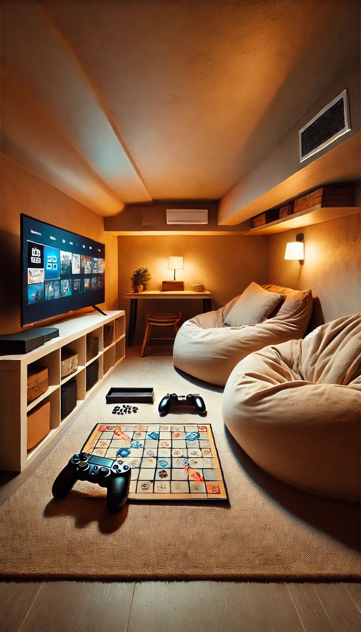 15 Brilliant Small Basement Ideas - GoTinySpace Game Room In Bedroom, Mini Entertainment Room, Finished Attic Game Room, Tiny Bonus Room Ideas, Game Room Couch Small Spaces, Kids Small Game Room, Tiny Basement Bedroom, Home Rec Room, Games Rooms Ideas