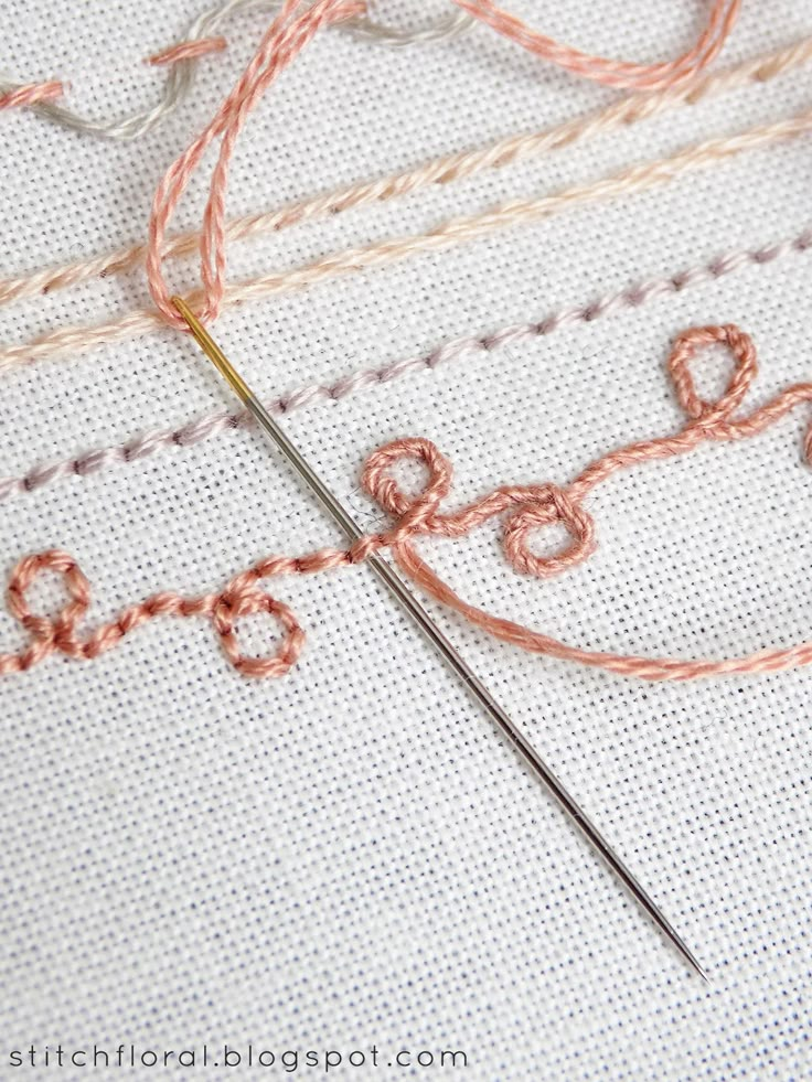 a close up of some scissors and thread on a piece of cloth with pink thread