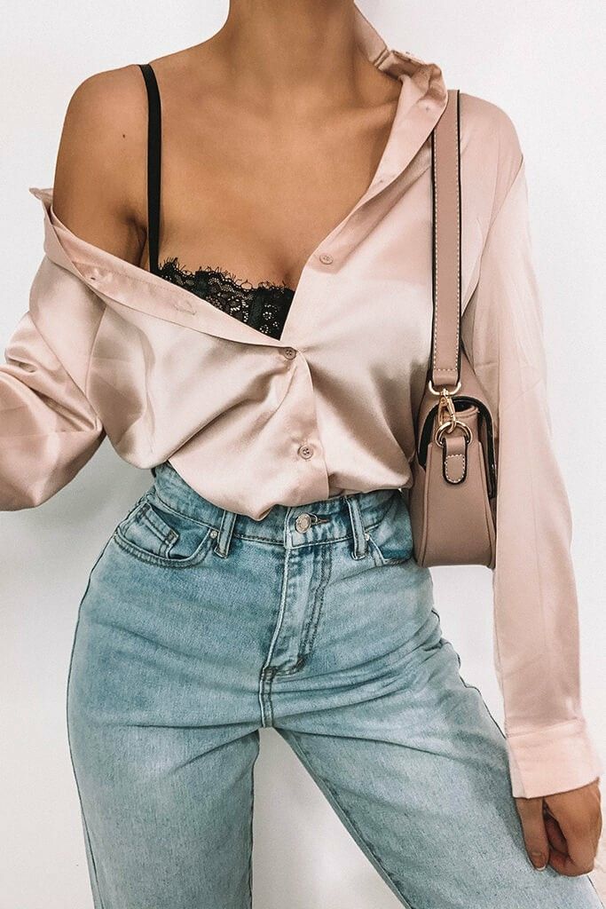 Drinks Outfit, Silk Shirt Outfit, Nude Shirt, Lingerie Outfit Night, Fit Board, Leather Ideas, Pastel Outfit, Fitted Shirt, Collar Neck