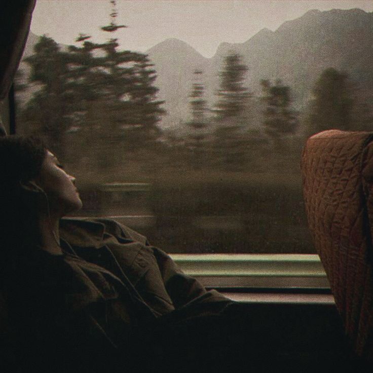 a person sitting on a train looking out the window at mountains and trees in the distance