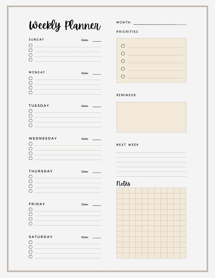 a printable weekly planner is shown with the words, week and month on it