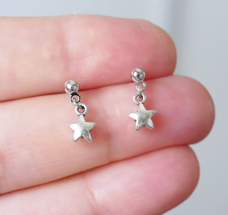 Cheap Silver Earrings With Dangling Charms, Earrings Cute Simple, Small Star Earrings, Cute Earrings Aesthetic, Cute Earrings Studs, Emo Earrings, Girly Earrings, Stainless Steel Earrings Studs, Tiny Charms