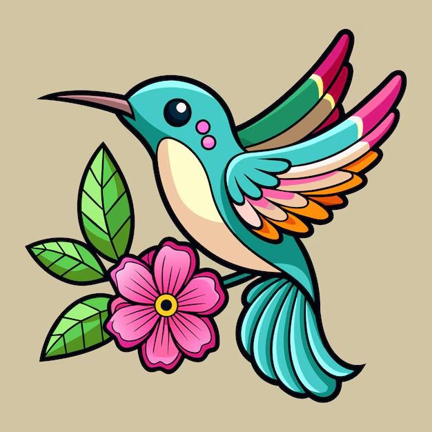 a colorful hummingbird sitting on top of a flower next to a green leaf and pink flower