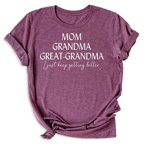 👩👵👵‍🦳 Celebrate three generations with our Mom Grandma Great Grandma T-Shirt! 🌟 Get yours now and honor your family legacy! Soft Style Solid color: 100% Airlume combed and ring-spun cotton Heather Colors: 52% Airlume Combed and ring-spun cotton, 48% polyester Heather Sport colors: 60/40 polyester/cotton 100% No Sweatshops & Eco-Friendly Production For different Mother's Day t-shirt designs, please take a look at our Mother's Day collection. https://www.greatwoodboutique.com/collections/mothers-day-tee-shirts