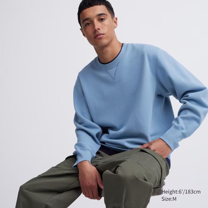 Sweat Long Sleeve Shirt | UNIQLO US Boxy Fit Crew Neck Sweatshirt For Spring, Comfortable Crew Neck Sweater With Ribbed Cuffs, Blue Sweatshirt With Ribbed Neckline For Spring, Cotton Fleece Crew Neck Top For Fall, Fall Cotton Fleece Crew Neck Top, Everyday Sweatshirt With Ribbed Waistband, Comfortable Loungewear Sweater With Ribbed Cuffs, Basic Spring Sweatshirt With Ribbed Cuffs, Comfortable Sweater With Ribbed Cuffs For Loungewear