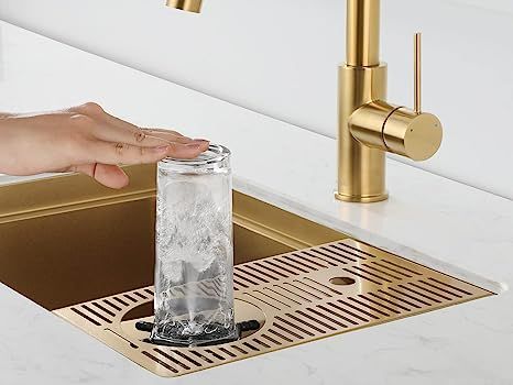 AguaStella AS1514XG Brushed Gold Bar Sink with Glass Rinser Stainless Steel Undermount Prep Kitchen Sink 23-1/4 x 14 Inches Single Bowl - - Amazon.com Bar Sink With Glass Rinser, Bar Sinks And Faucets, Sink With Glass Rinser, Wet Bar Sink, Pull Down Bar, Basement Wet Bar, Undermount Bar Sink, Cabin Bar, Home Wet Bar