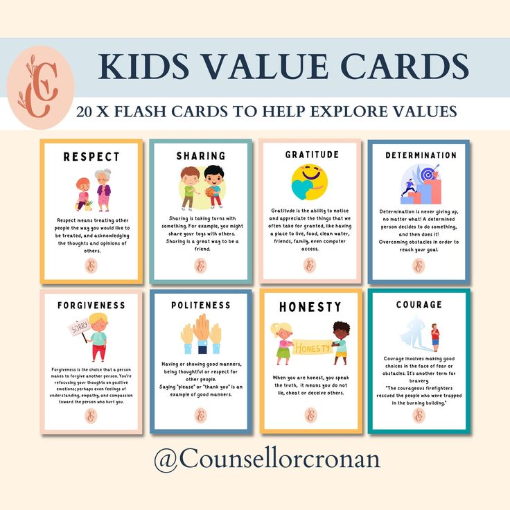 kids'value cards with the words, children's value cards to help explore value