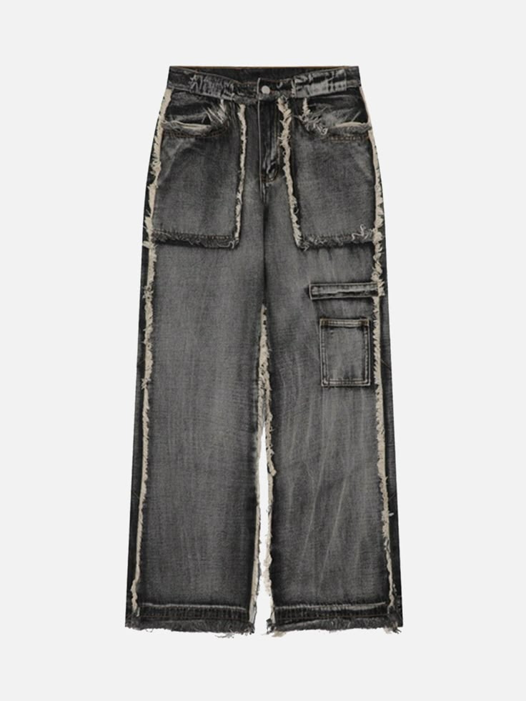 TALISHKO - High Street Washed And Distressed Raw Edge Jeans Casual Baggy Distressed Cargo Pants, Trendy Washed Black Winter Pants, Winter Grunge Pants With Relaxed Fit, Winter Grunge Bottoms With Relaxed Fit, Winter Grunge Relaxed Fit Bottoms, Winter Grunge Relaxed Fit Pants, Distressed Baggy Wide Leg Cargo Pants, Baggy Distressed Wide Leg Cargo Pants, Baggy Wide Leg Distressed Cargo Pants