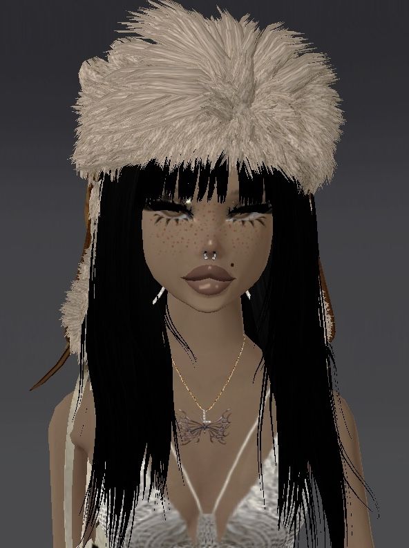 a woman with long black hair wearing a fur hat