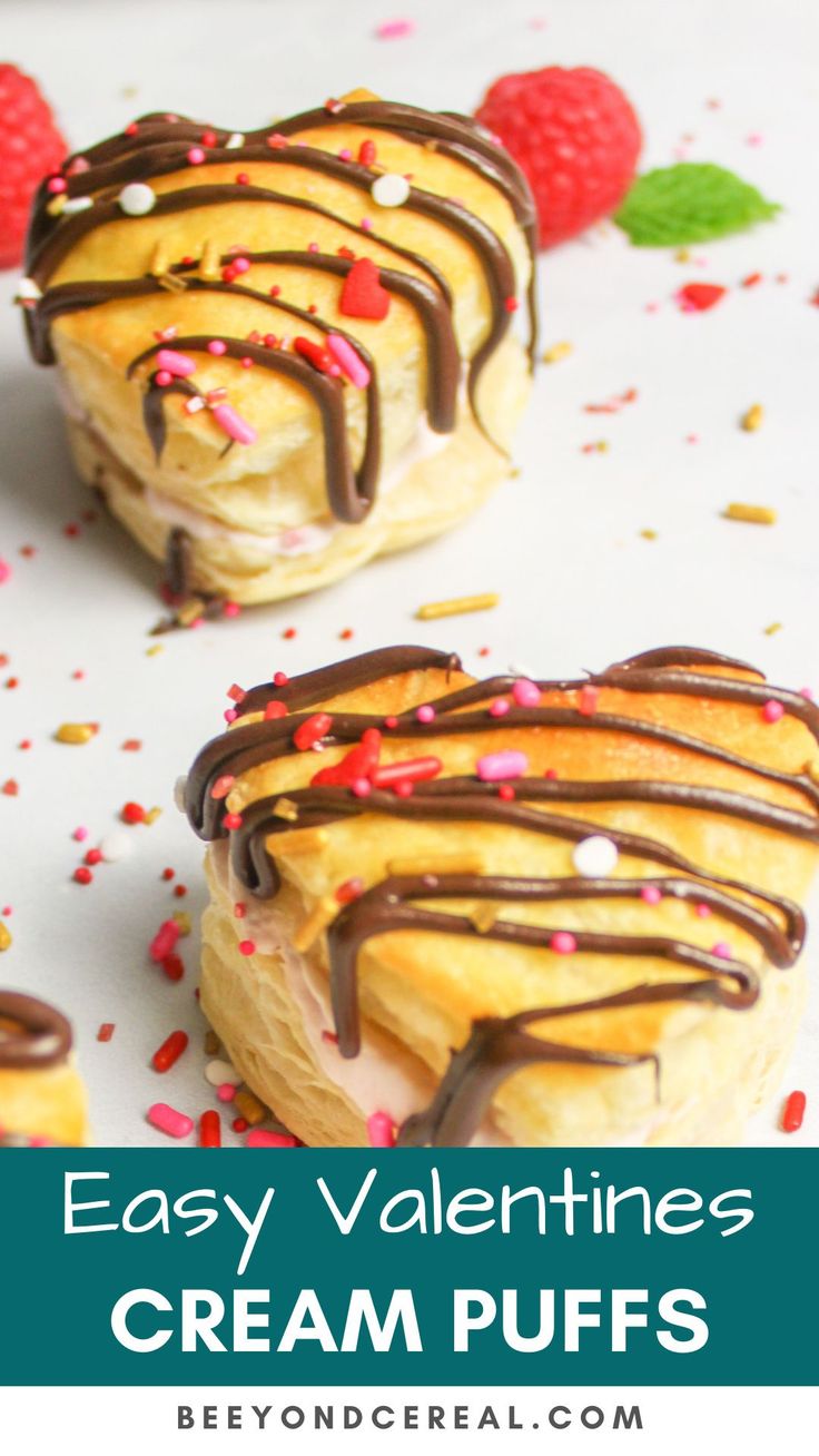 easy valentine's cream puffs with chocolate drizzle and strawberries on top