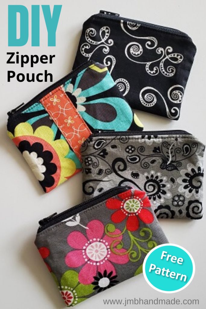 three zipper pouchs with different designs on them and the text, diy zipper pouch free pattern