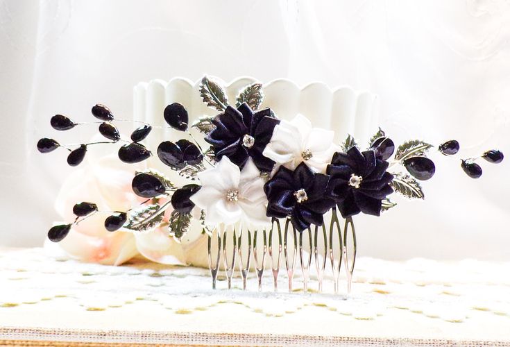 "Beautiful Black and White Wedding Bridal Hair Comb with Rhinestone Accents, Black Wedding Hair Accessory, Bridesmaid Gift, Romantic Vintage Inspired Floral Collage Comb. Great for dance competition attire as well. - Materials:  Polyester ribbon flowers, silver brass leaf branches, vintage style filigree comb, black beaded vines, rhinestone accents. - Size:  The entire comb including the brass leaf branches measures approx. 6 1/2\" wide by 3\" tall.   All hair combs in my shop can be customized. Black Wedding Hair, Black Wedding Hairstyles, Wedding Hairpiece, Floral Collage, Silver Hair Comb, Flower Comb, Silver Leaves, Wedding Accessory, Flower Hair Comb