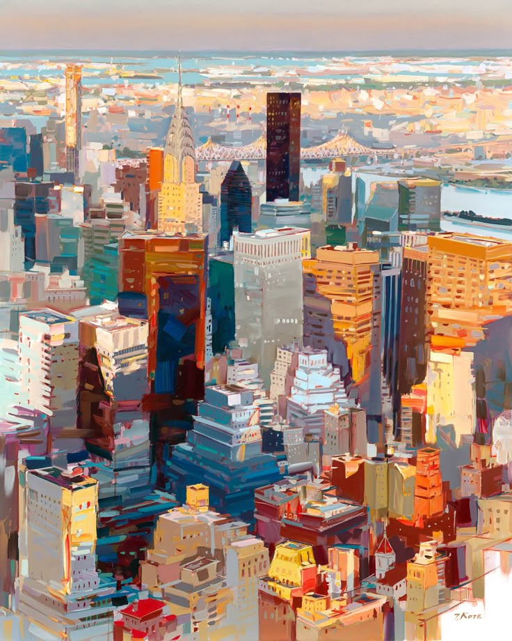 an image of a cityscape that looks like it is painted in acrylic