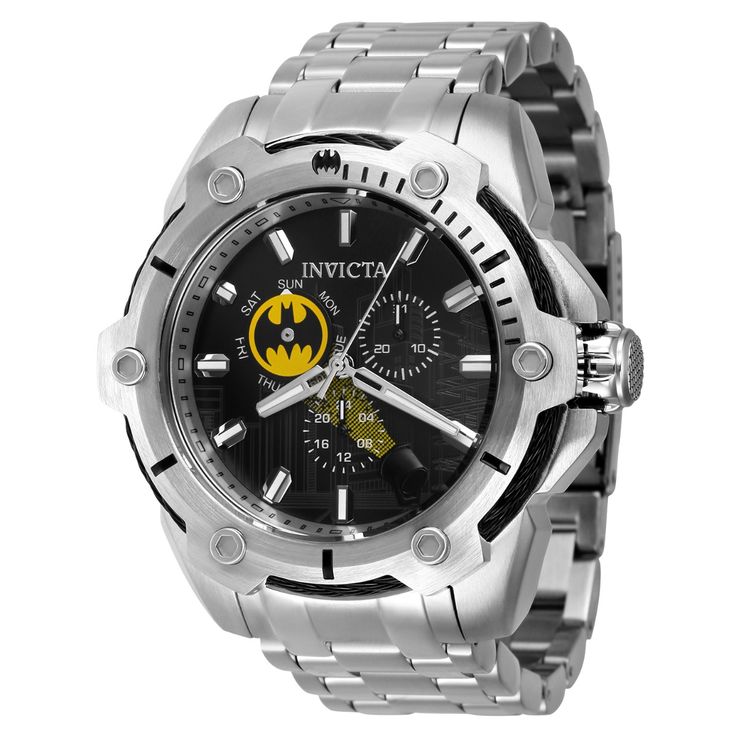 This beautiful Invicta DC Comics watch contains a precise Quartz movement in addition to a steel case. Its face displays a black, yellow, metal dial protected by a highly resistant Flame Fusion Crystal. This timepiece is completed by a steel, stainless steel band and it offers water resistance of up to 100 m. Launched into the stratosphere in 1934, the universe of DC Comics has taken fans to the realms of limitless adventure for more than 80 years. With the debut of Superman in 1938, an archetyp Batman Watch, Batman Quotes, Dc Comics Collection, Best Watches For Men, Invicta Watches, Halloween Monster, Purple Guy, Comic Collection, Best Watches