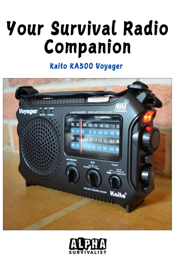 an old radio sitting on top of a table next to a brick wall with the words, your survival radio companion