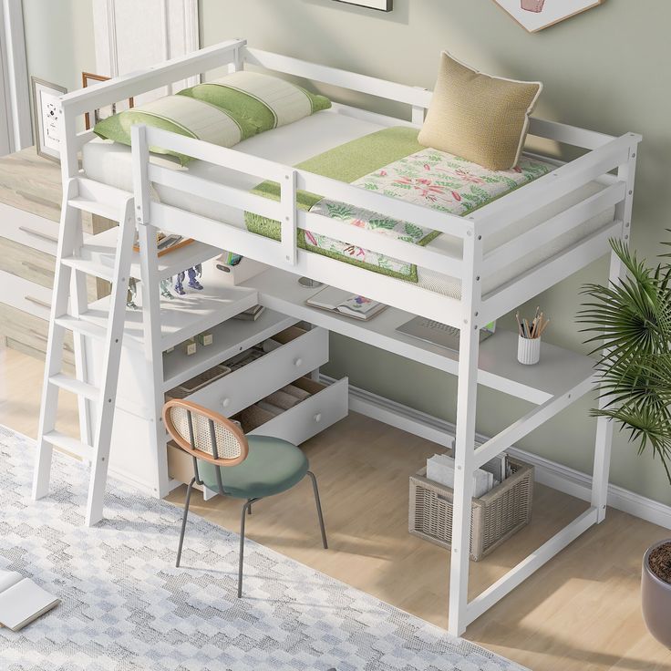 a white loft bed with drawers underneath it and a plant on the floor next to it