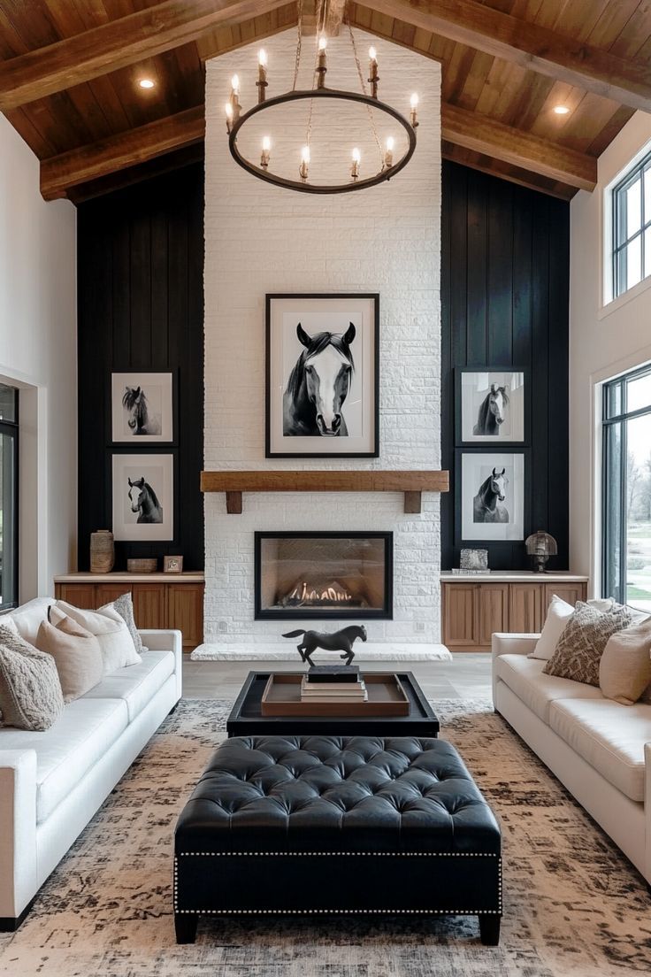 shiplap wall idea for living room Black Diagonal Shiplap Wall, Living Room Wall Fireplace, White Vs Black Fireplace, White Washed Brick Fireplace With Mantle, Focal Points In Living Room, Vaulted Shiplap Ceiling Living Room, Black Wall Family Room, Black Living Room Fireplace, Fireplace To The Ceiling