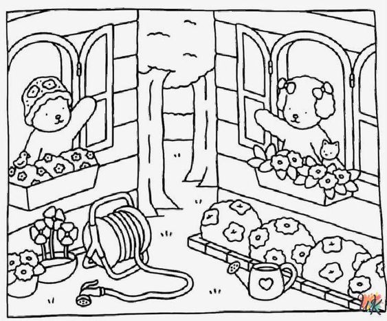 a coloring book page with teddy bears and flowers in the window sill, one bear is