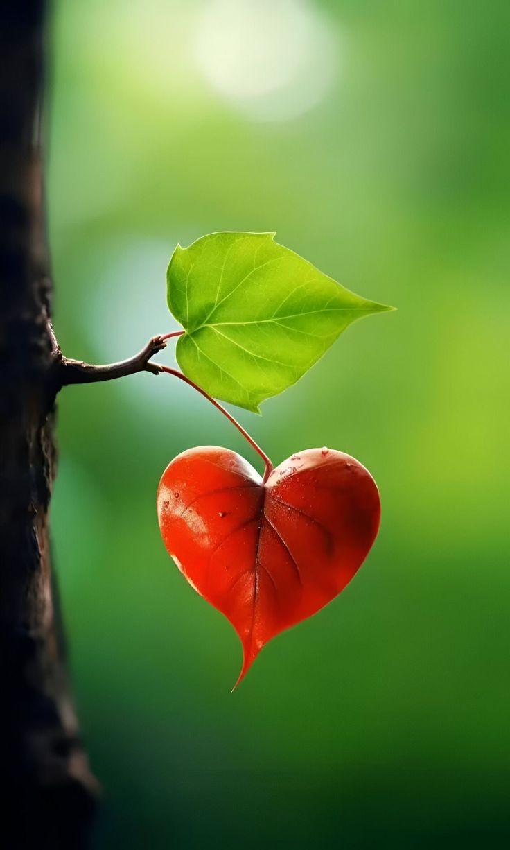 a heart shaped leaf hanging from a tree branch