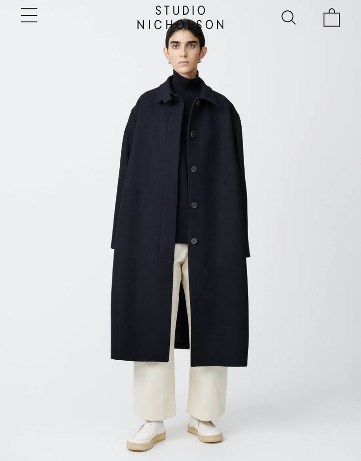 Navy Wool Coat, Dakota Style, Modular Wardrobes, Navy Coat, Studio Nicholson, Wool Overcoat, Knit Outerwear, Minimalistic Style, Oversized Coat