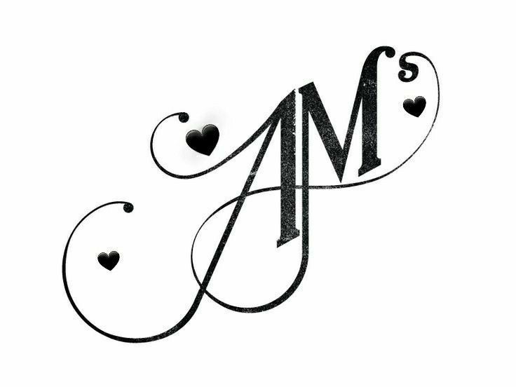 the letter m with hearts and swirls on it's sides is shown in black ink