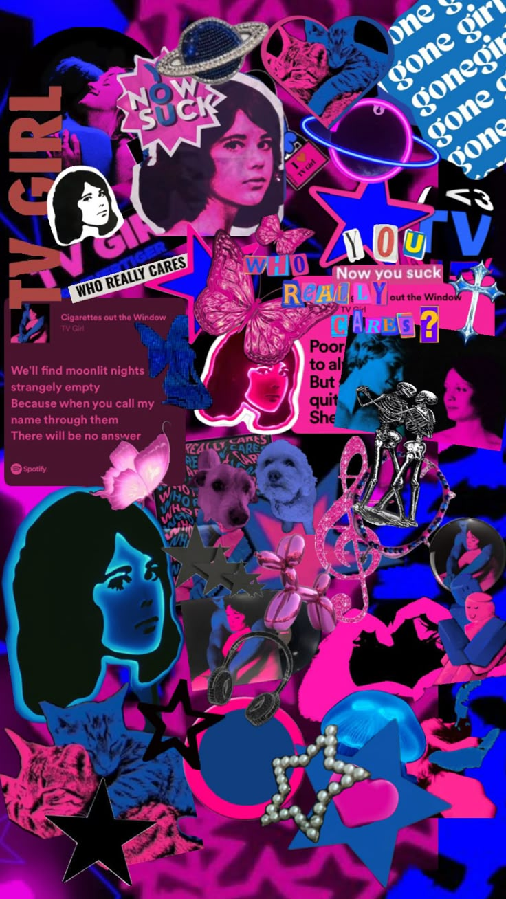 a collage of various images and words in pink, blue, black and purple