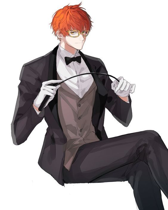 an orange haired man in a tuxedo and bow tie sitting on the ground