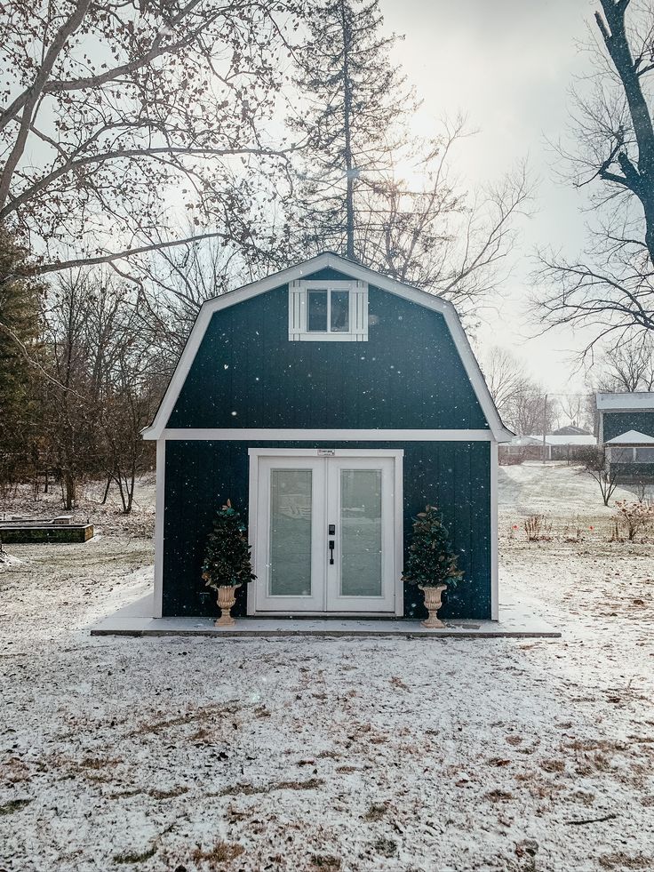 a small blue barn with two potted plants on the front and one door open