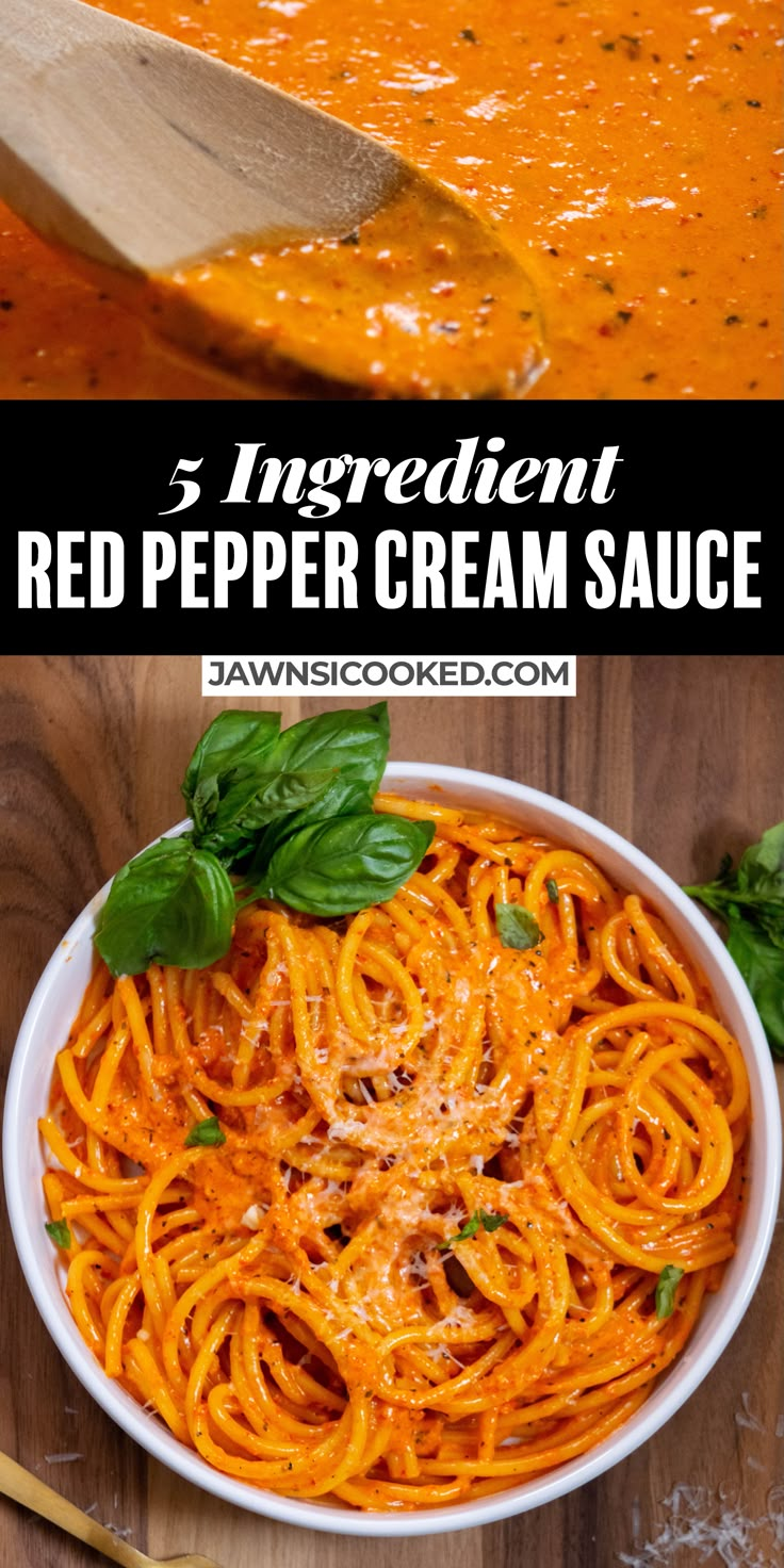 three different pictures with the words red pepper cream sauce in them and an image of a bowl of pasta