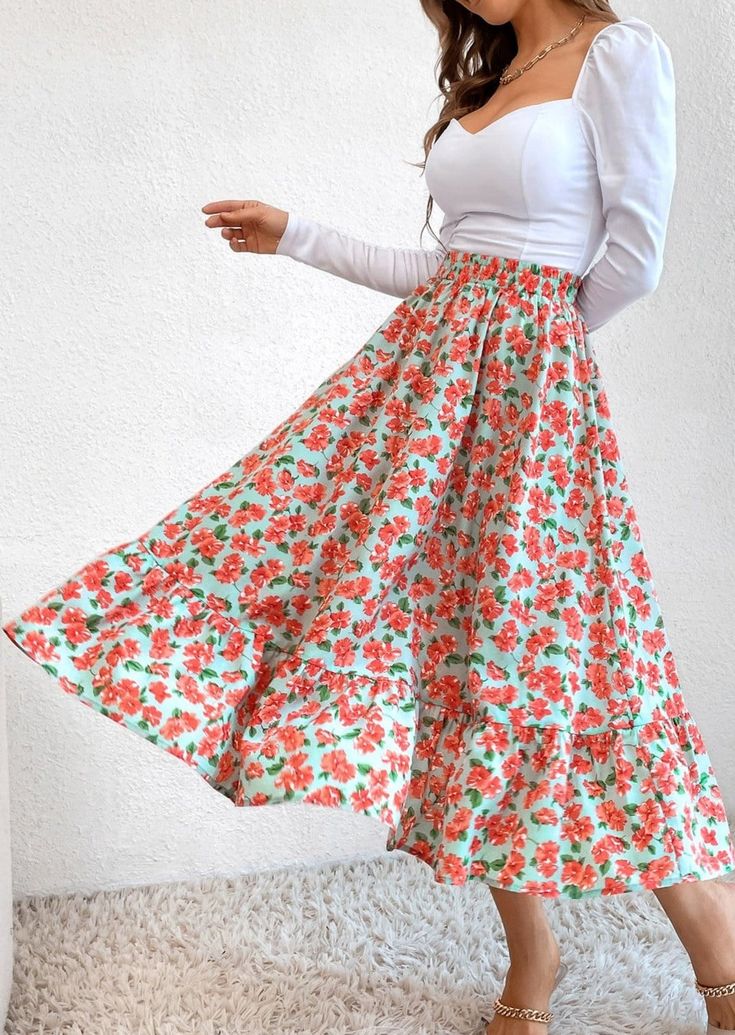 The Emes Shop skirt is detailed with vintage floral prints. Features a high waist. gartered waist. A-line silhouette. and below knee length. Pair it with a puff sleeve blouse and sandals for a classy look.MATERIAL:100% Soft Poly MEASUREMENTS:Dress Length is 31"-33"in Small | Waist: 26"-28"in Medium | Waist: 28"-30"in Large | Waist: 30"-32"in X Large | Waist: 32"-34"in MEASUREMENTS:Dress Length is 78"-83"in Small | Waist: 66"-71"cm Medium | Waist: 71"-76"cm Large | Waist: 76"-81"cm X Large | Waist: 81"-86"cm Spring Midi Maxi Skirt For Garden Party, Spring Full Maxi Skirt With Elastic Waistband, Floral Print Tiered Skirt For Garden Party, Spring Gathered Skirt, Ruffled Maxi Skirt For Spring Garden Party, Spring Floral Print Tiered Maxi Skirt, Spring Ruffled Maxi Skirt For Garden Party, Spring Garden Party Ruffled Maxi Skirt, Flowy Skirt For Garden Party