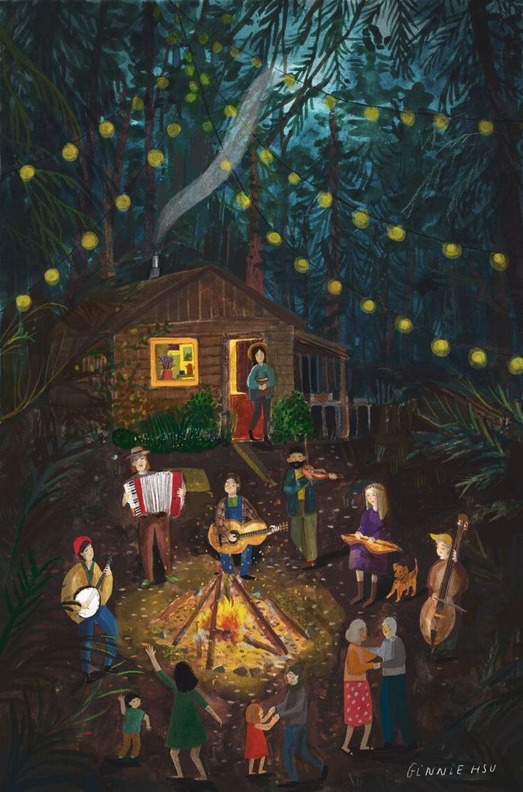 a painting of people playing instruments in front of a cabin at night with lemons hanging from the trees