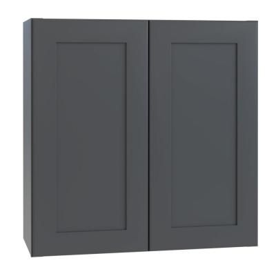 a gray cabinet with two doors on the front and one door open to reveal a white background