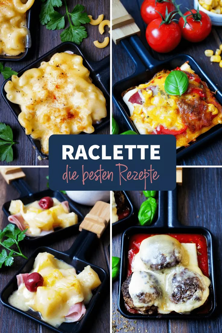 four different pictures of food in black trays on a table with tomatoes, pasta and cheese