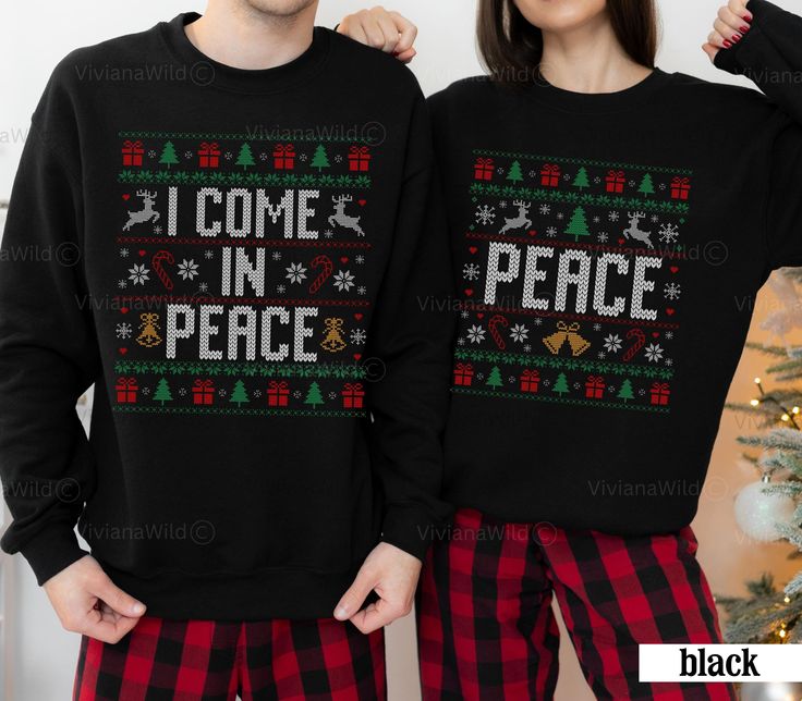 I come in peace, peace couples ugly christmas sweater - Christmas season is here! You will love these funny matching ugly christmas sweaters for couples. Perfect to wear to an ugly christmas sweater holiday party or family christmas. Great holiday season gift for your significant other. PRODUCTION & SHIPPING INFO: * Most items are produced within 3 business days, but can take up to 7 business days.  * U.S. Shipping is estimated 3 - 5 business days.  * Most U.S. Orders arrive to their destination 7 - 8 business days after date ordered.  *We do not guarantee faster production times or shipping times. *Business days do not include weekends or holidays. * For International Shipping information check out the FAQ section of our page. Thank you! Please read information photos within the listing f Christmas Sweaters For Couples, Sweaters For Couples, Matching Ugly Christmas Sweaters, Matching Christmas Sweaters, Ugly Christmas Sweater Couples, Funny Matching, Ugly Christmas Sweaters, Funny Couples, Sweater Christmas