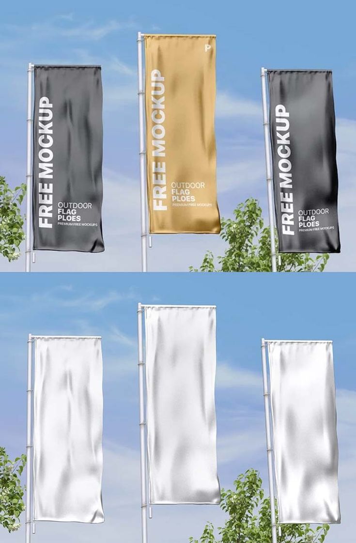 four banners with trees in the background and blue sky above them that say freewood