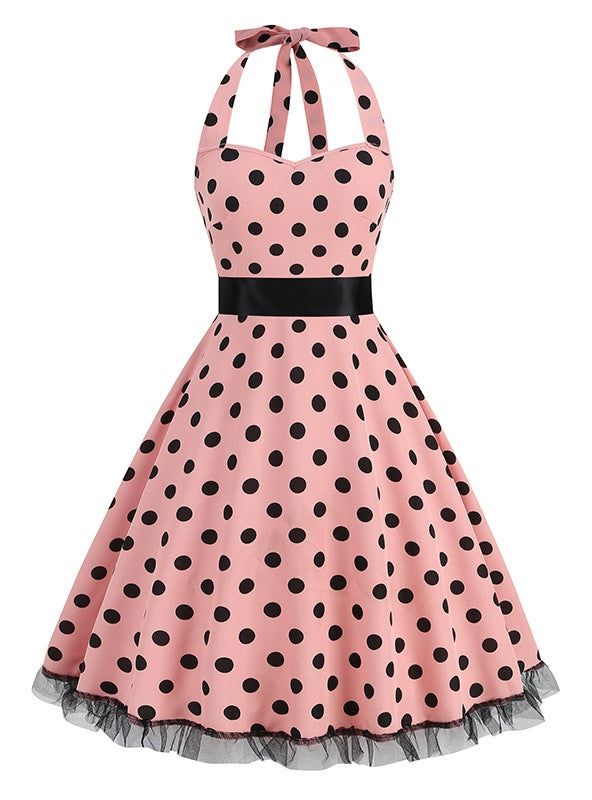 Fabric name: polyesterPattern: wave pointSkirt type: A-line skirtCollar type: V-neckColor: black, yellow, pink, white, navy blueSize: S,M,L,XL,XXL Spring Sleeveless Dress For Retro-themed Events, Polka Dot Dresses For Retro-themed Events, Spring Pinup Dress For Retro-themed Events, Rockabilly Sleeveless Polka Dot Dress, Spring Retro-themed Pinup Dresses, Retro Polka Dot Dresses For Party, 1950s Style Polka Dot Dress For Retro-themed Events, Polka Dot 1950s Style Party Dress, 1950s Style Polka Dot Party Dresses