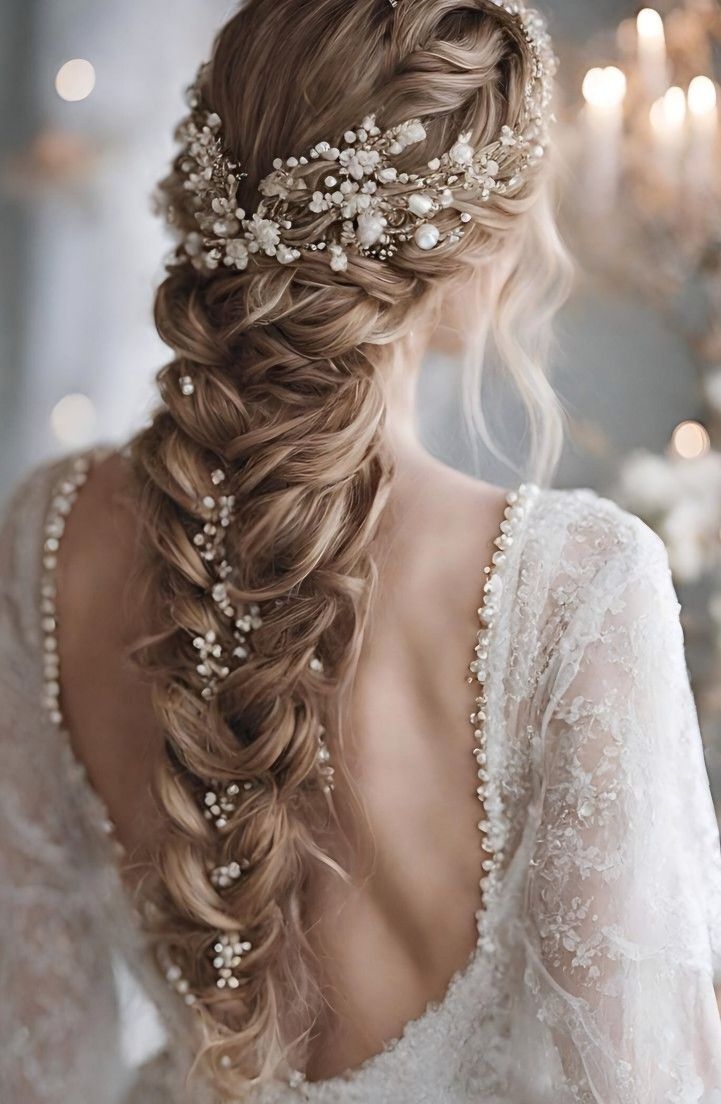 a woman with long hair in a braid and pearls on her head is wearing a wedding dress