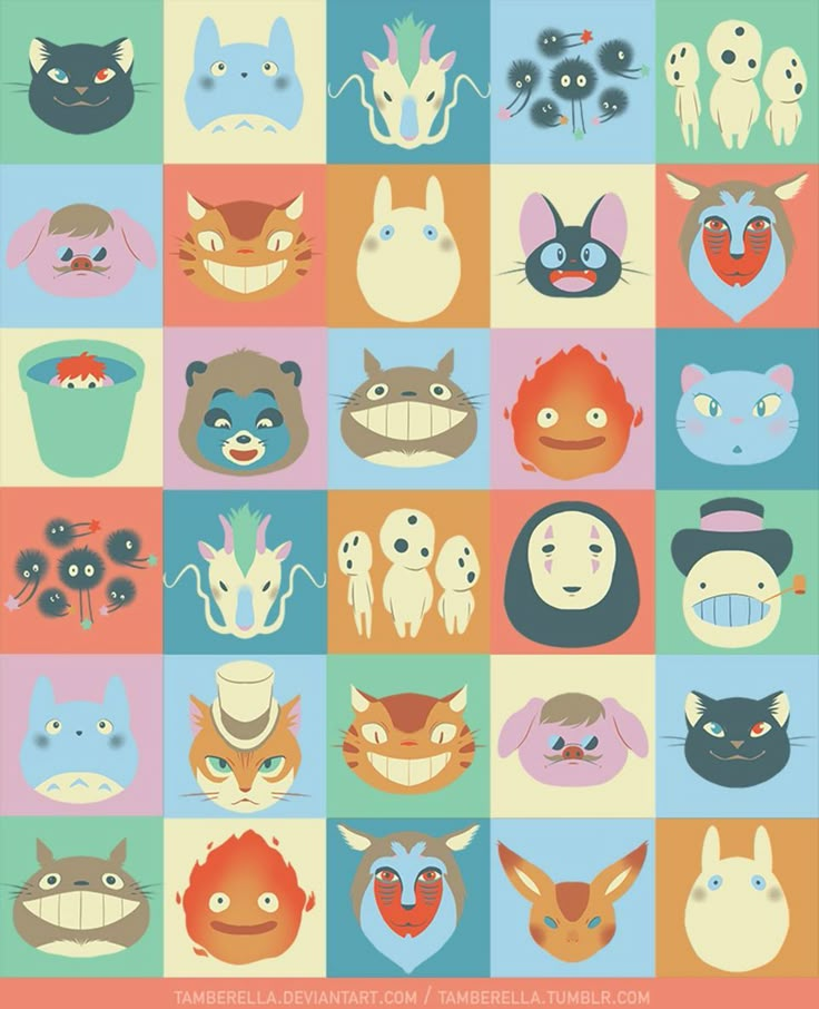 many different types of cartoon faces on squares with cats and mice around them, all in various colors