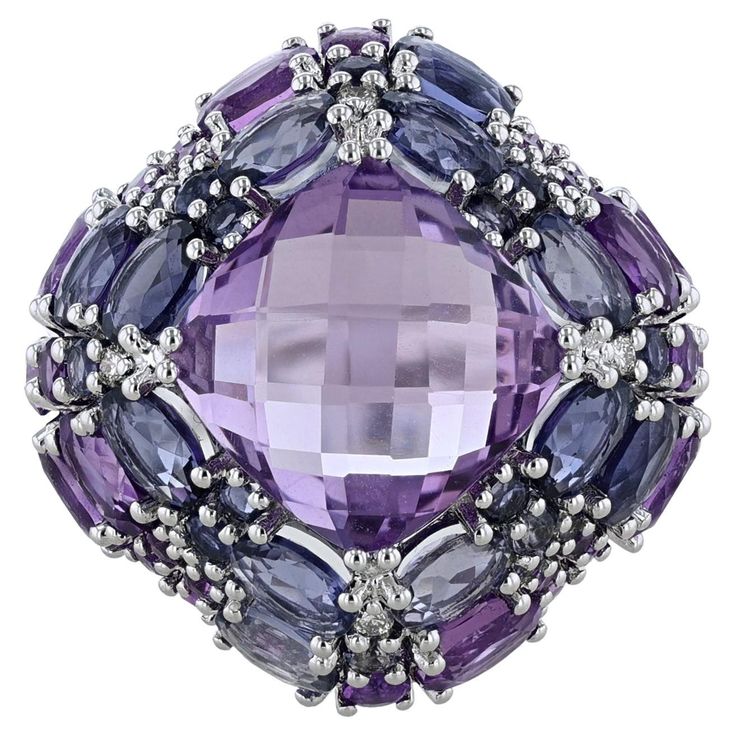 This ring is made in 14K white gold and features amethyst weighing 9.12 carats. Along with Iolite weighing 4.29 carats, and diamonds weighing 0.06 carat. Ladies Rings, Contemporary Ring, Dome Ring, Domed Ring, Ring Ring, Gold Rose, Fashion Rings, Women Rings, A R