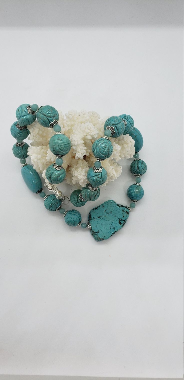 "One of a kind work of art hand crafted by Hawaii artist Myrna Lee Chang. Chunky turquoise necklace with pewter caps, spacers and clasp. This 22\" necklace is made with round and free form natural turquoise pieces. A lovely timeless wearable art piece. It is in excellent unused condition. Suggested retail is $400.00 ALL SALES FINAL. NO RETURNS OR EXCHANGES. PLEASE ASK ALL QUESTIONS AHEAD OF TIME. Feel free to message me with any questions. Photograph have not been enhanced in anyway. I have trie Artisan Hand-strung Turquoise Necklace Gift, Handmade Bohemian Turquoise Necklace With Oval Beads, Artisan Turquoise Beaded Necklace, Unique Hand-strung Turquoise Jewelry, Unique Hand-strung Turquoise Beaded Necklace, Bohemian Turquoise Oval Beads Necklaces, Bohemian Turquoise Necklaces With Oval Beads, Turquoise Bohemian Necklaces With Oval Beads, Bohemian Single Strand Turquoise Necklace