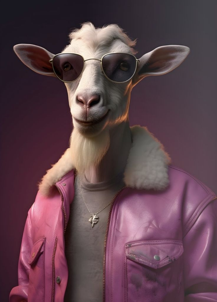 a goat wearing sunglasses and a pink leather jacket is standing in front of a dark background