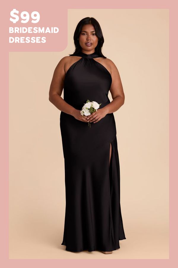 a woman in a black dress with the words $ 99 bridesmaid dresses on it